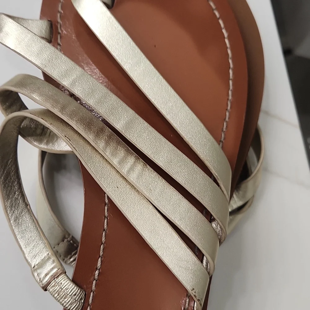 Tory Burch Gold Strappy Leather Sandals with Brown Footbed - Picture 6 of 11